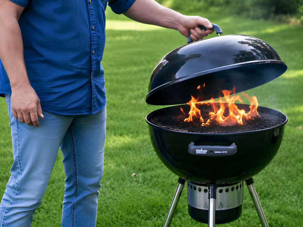 Man in a blue shirt lifting the lid on a charcoal grill