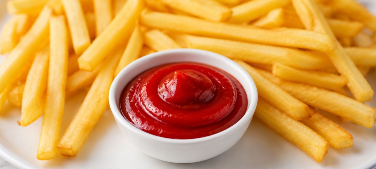 Ketchup in a dish alongside fries.