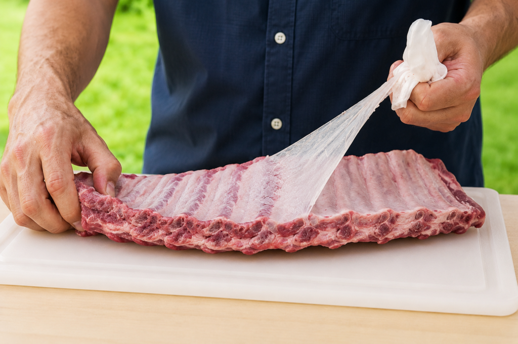 Man removing membrane from ribs