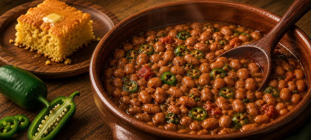 Texas style butterbeans and pinto beans topped with diced jalapeno in a brown bowl with a spoon and cornedbread in the background