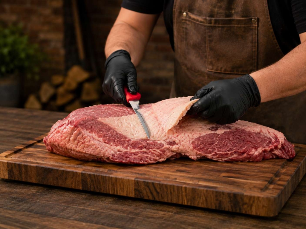 Man using a boning knife to remove fat from a briket
