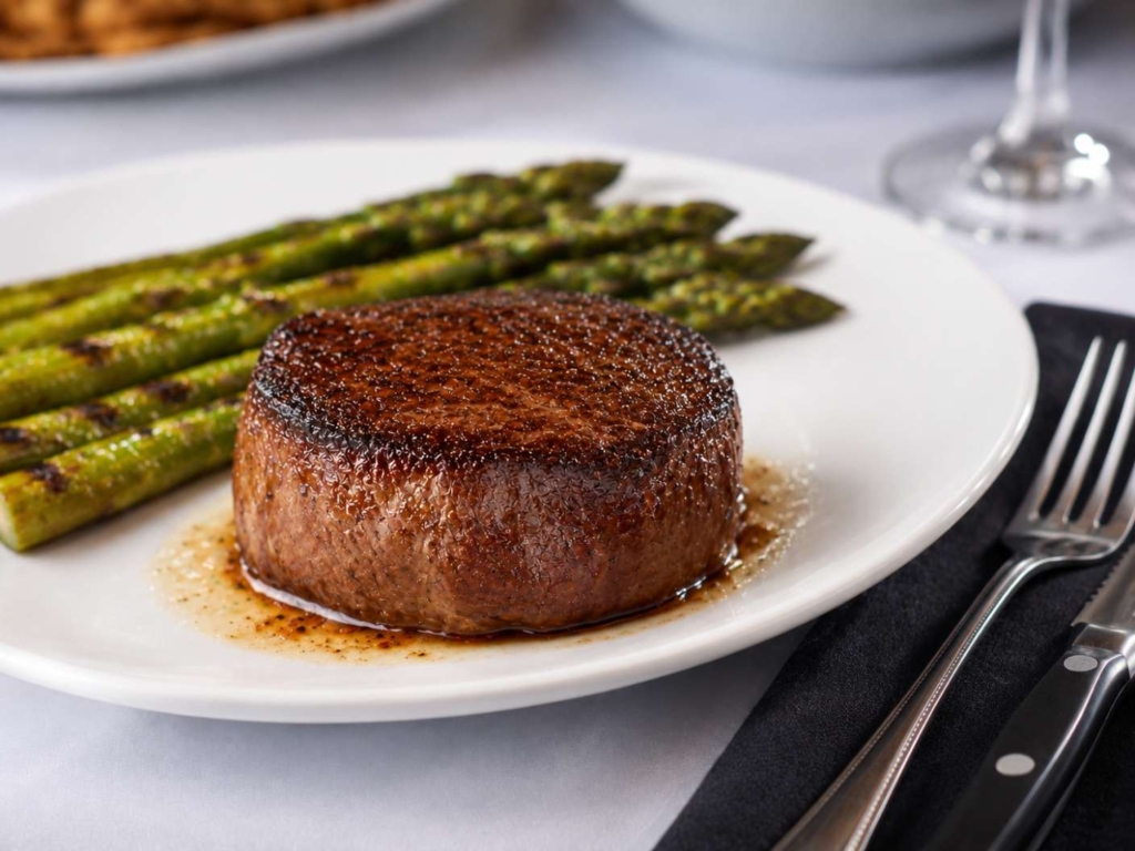 Seared filet mignon on a plate next to grilled asparagus