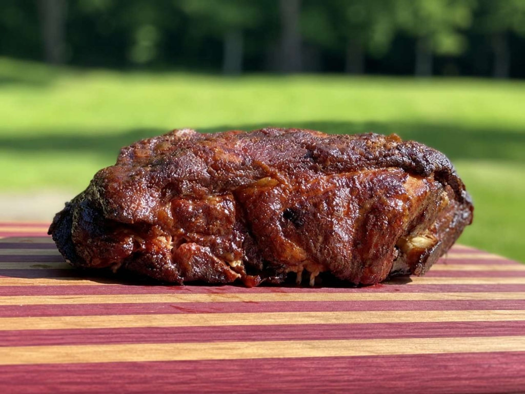 Smoked pork butt on a wooden table