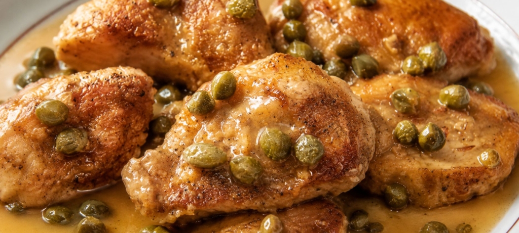 Chicken piccata topped with sauce and capers.