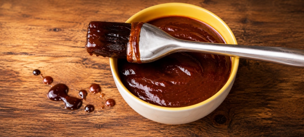 Overhead photo of BBQ sauce in a open container with a sauce brush laying across it.