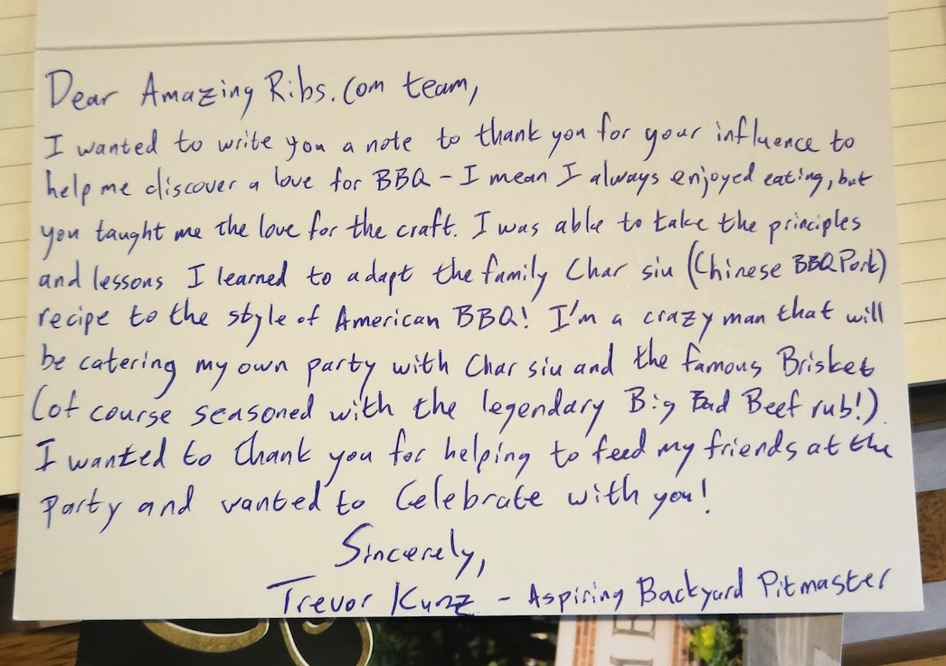 hand-written testimonial from a loyal reader of AmazingRibs.com.
