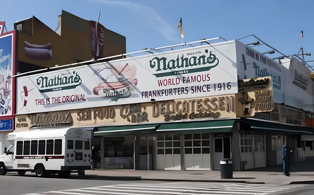 Three people eating hot dogs at Nathans