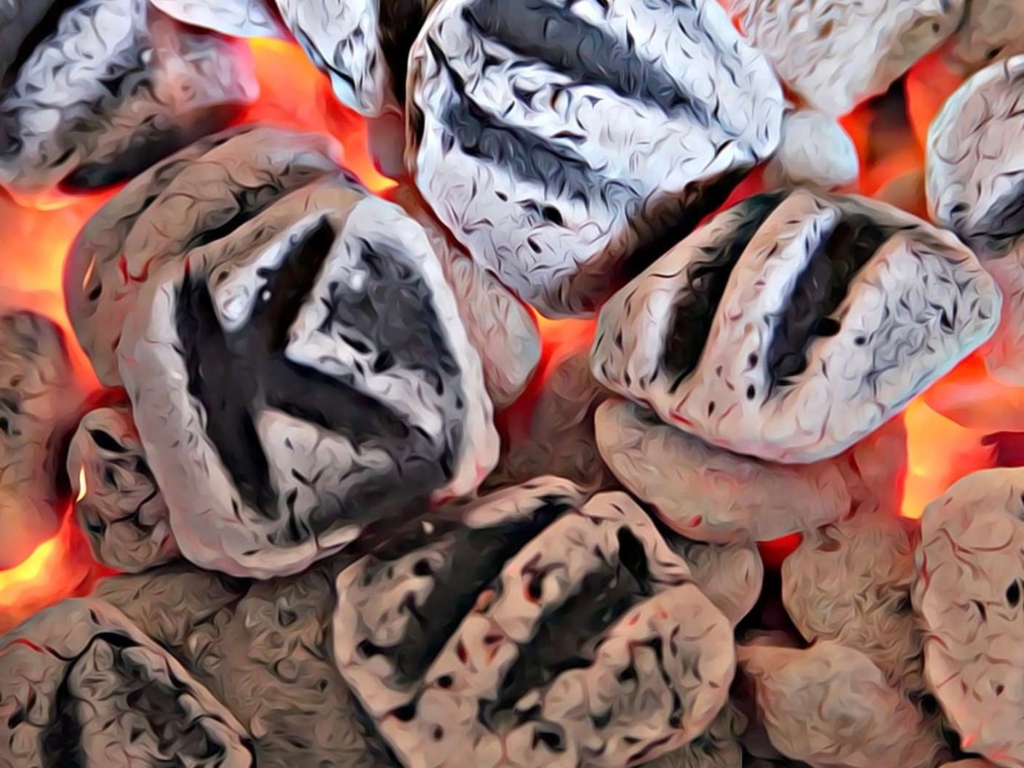 Burning charcoal briquets.