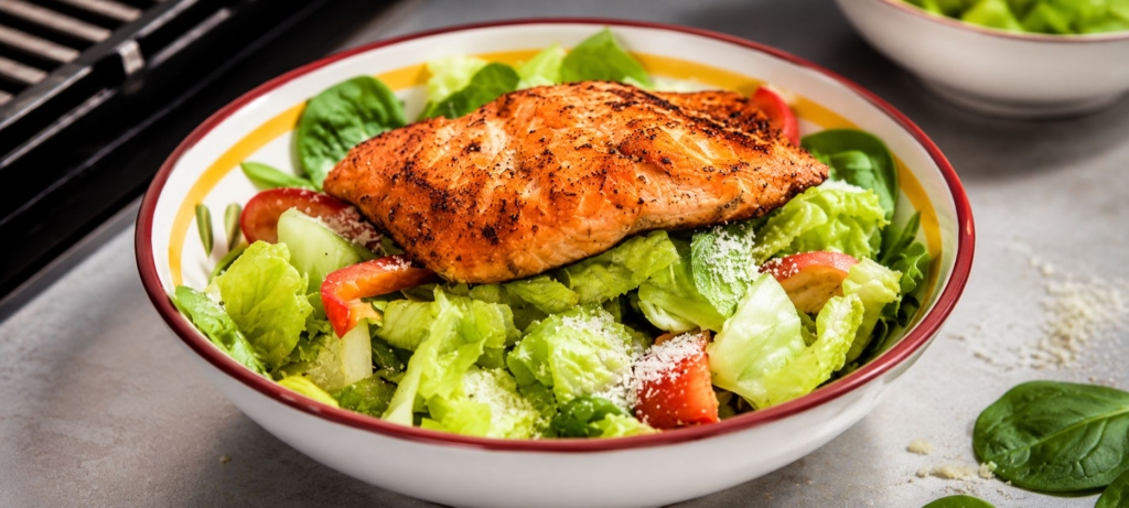 Griddled salmon and salad in a bowl
