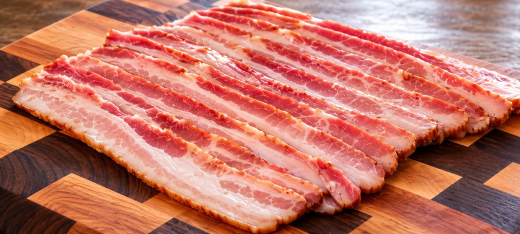 Slices of uncooked bacon fanned out of a multicolored wooden cutting board.