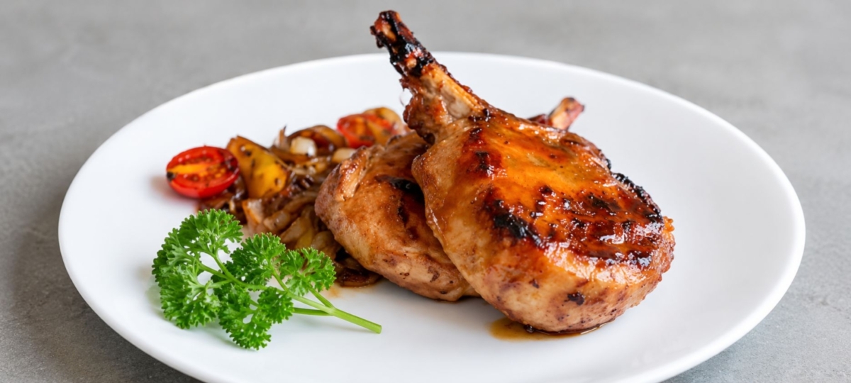 Grilled bone-in pork chops on a white plate with a sprig of parsely