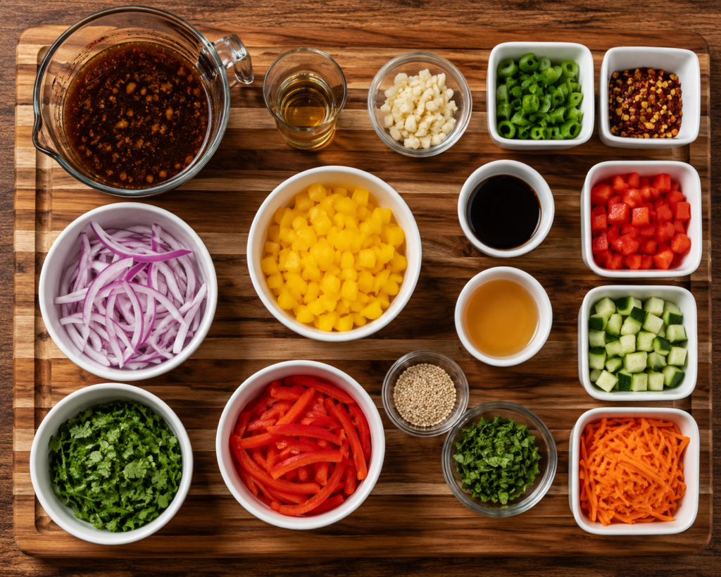 Overhead shot of various recipe ingredients in individual bowls