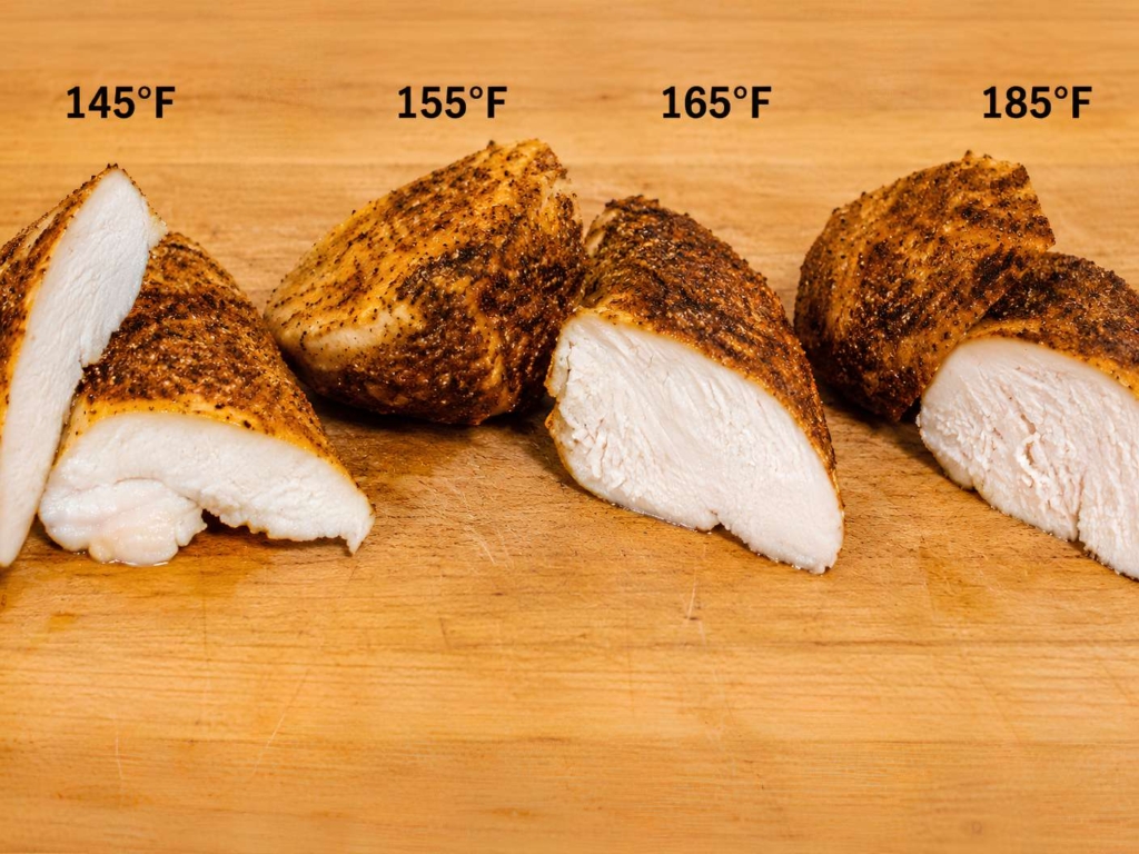 Three chicken breasts cooked with sous vide at different temperatures
