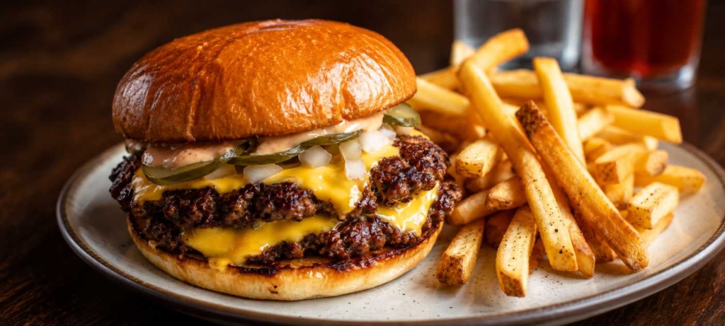 Cheese burger with Big Mac sauce and a side of fries