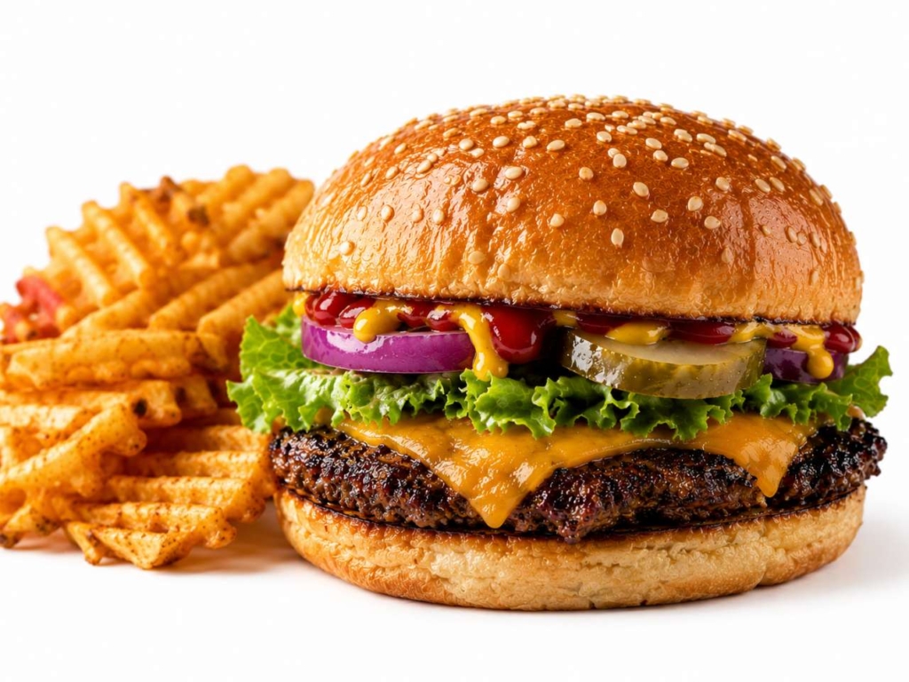 Cheeseburger with waffle fries on a white background.
