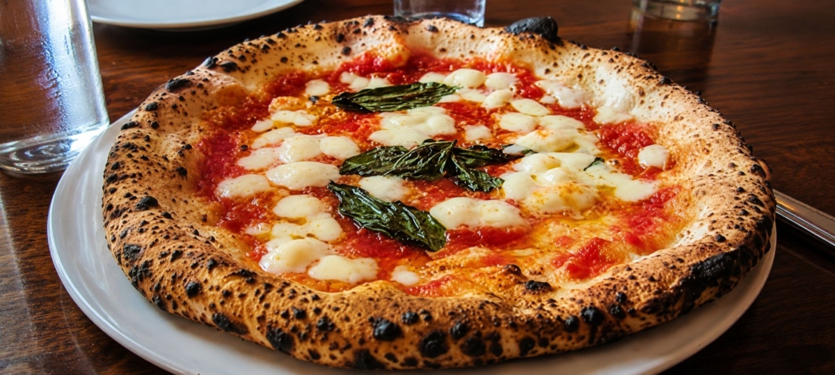 A whole Pizza Margherita on a white platter.