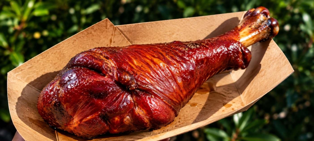 Smoked turkey leg on a brown paper dish