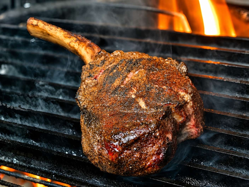 Reverse seared tomahawk steak on the grill