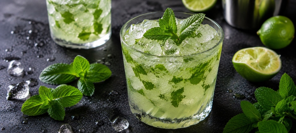 A mojito in a glass with springs of mint and crushed ice.