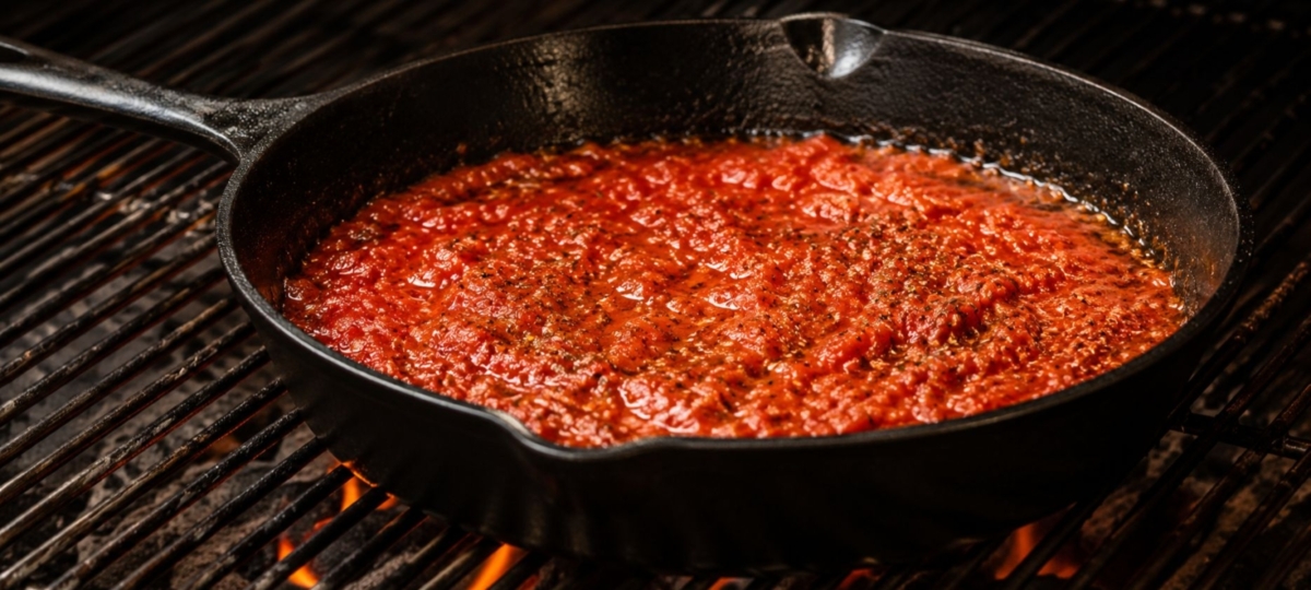 Marinara sauce heating in a cast iron skillet on a grill.