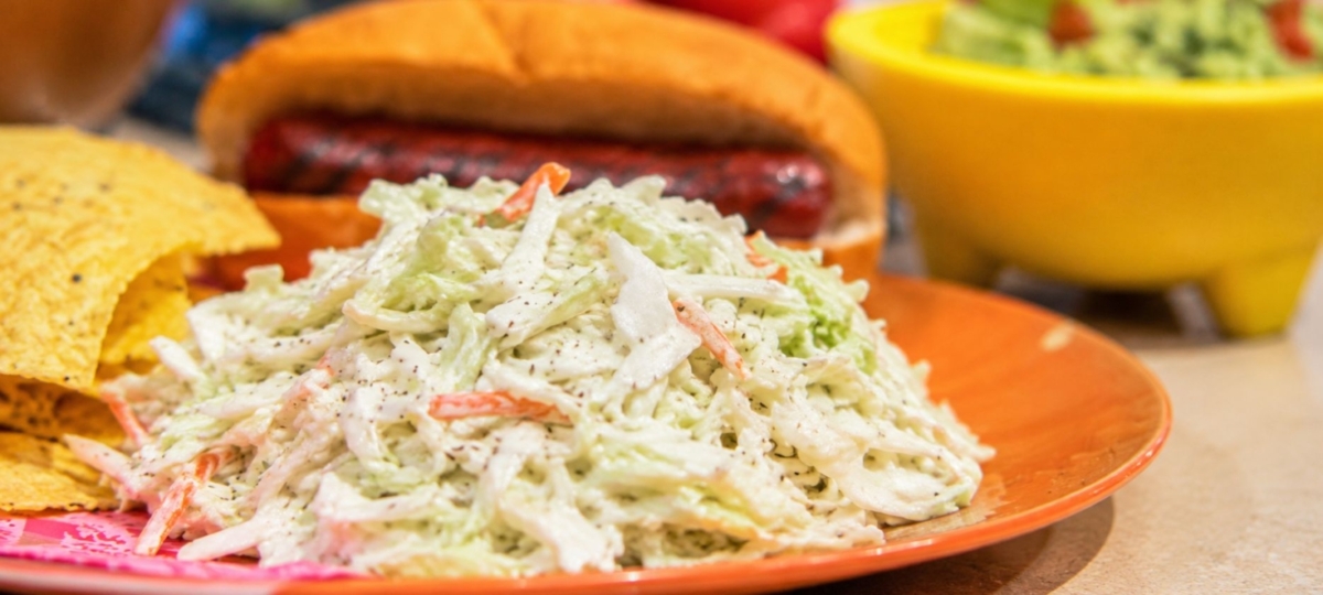 Deli style coleslaw on a plate with tortilla chips and a hot dog.