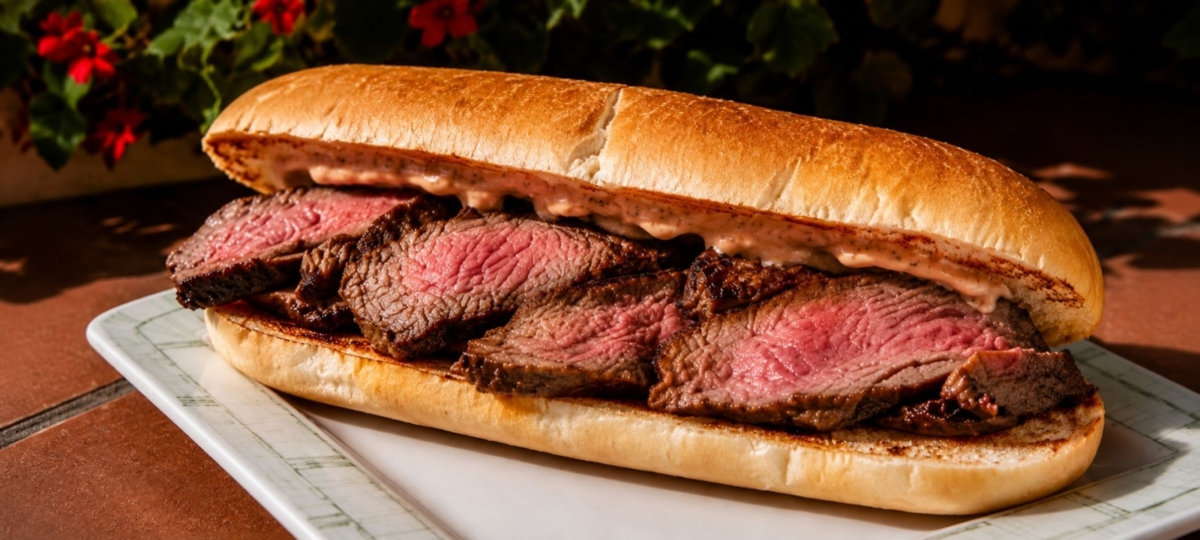 Plated sliced Santa Maria tri-tip on a roll.