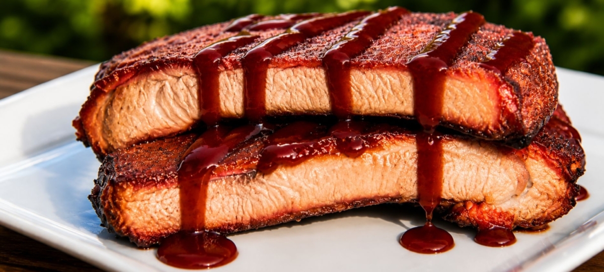 Sous vide and smoked ribs sliced and plated.