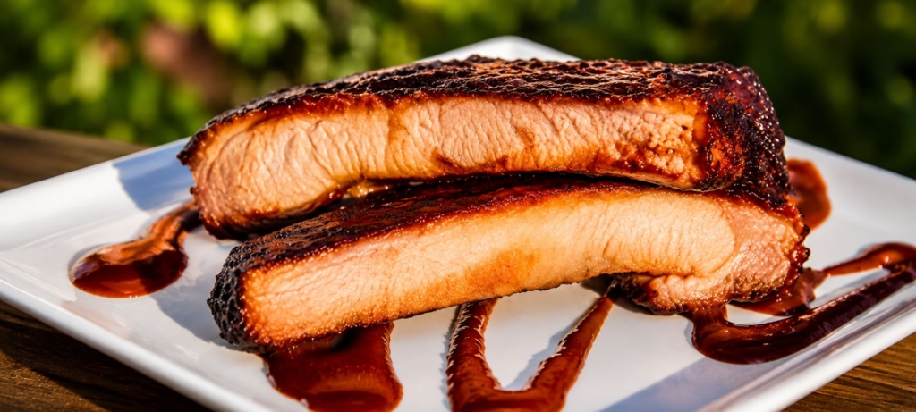 Sous vide and smoked ribs sliced and plated.