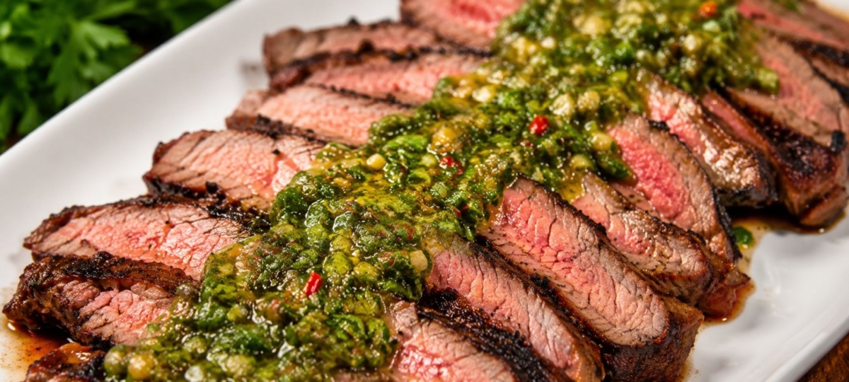 Chimichurri sauce topping sliced flank steak.
