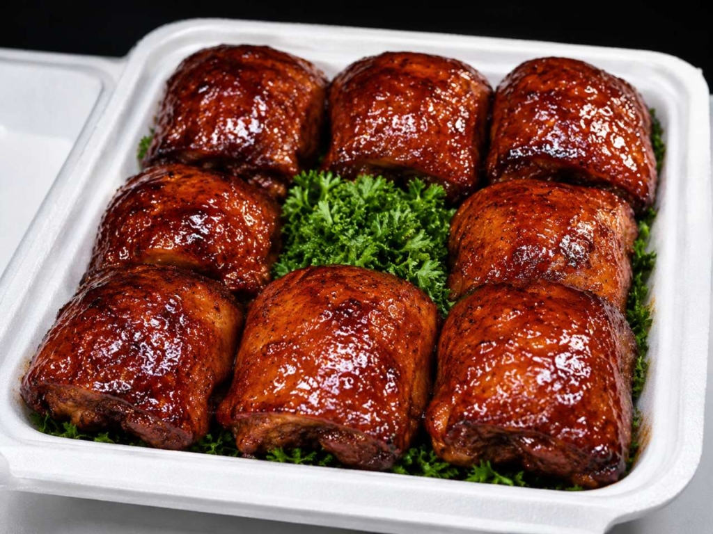Eight sauced chicken thighs with parley in a styrofoam competiton BBQ turn-in box.