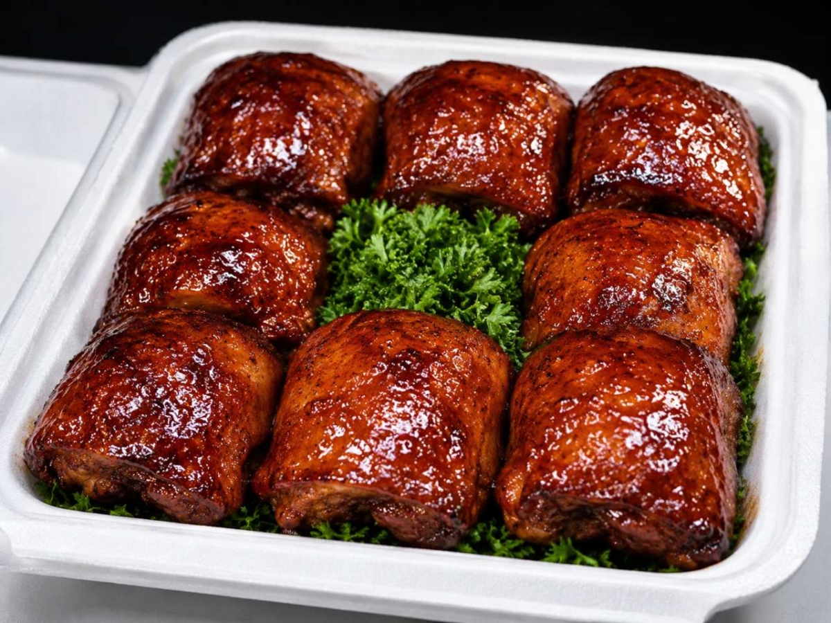 Eight sauced chicken thighs with parley in a styrofoam competiton BBQ turn-in box.