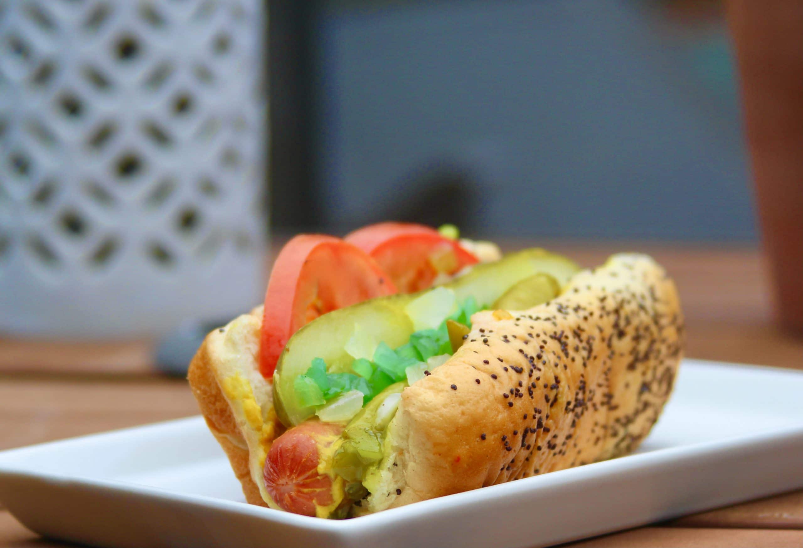 Hot dogs with sweet onion and capsicum relish