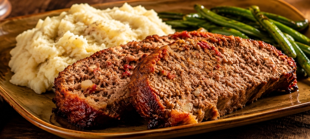 Two slices of meatloaf with mashed potatoes and green beans on a brown plate.