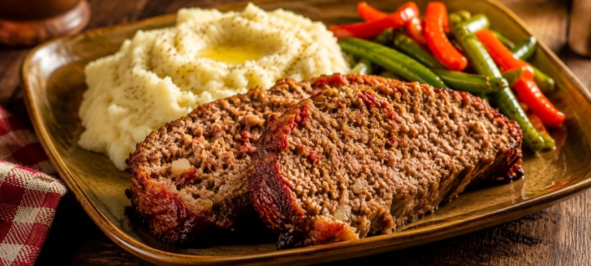 Two slices of meatloaf with mashed potatoes and vegetables on a brown plate.