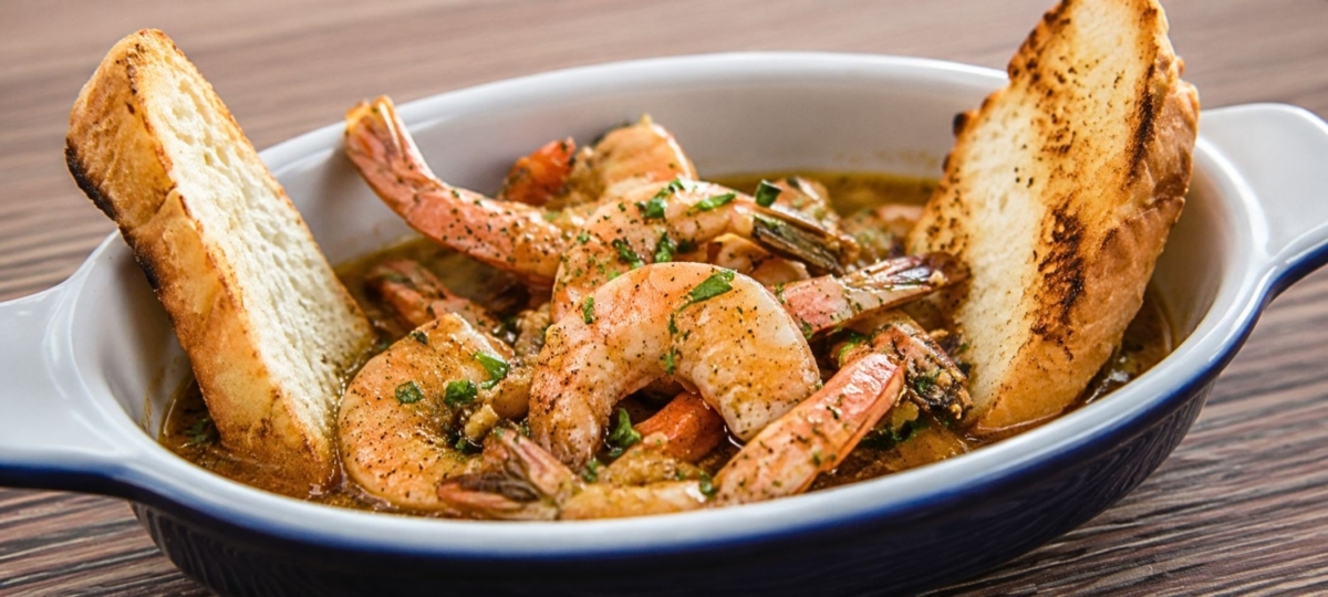 Classic New Orleans BBQ shrimp in a blue dish with toasted bread.