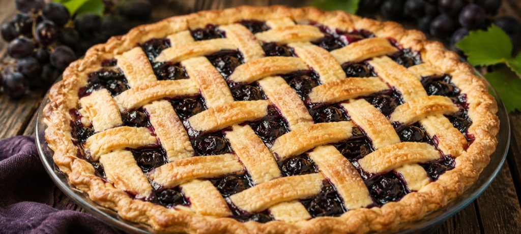 A whole Concord grape pie in a pie pan