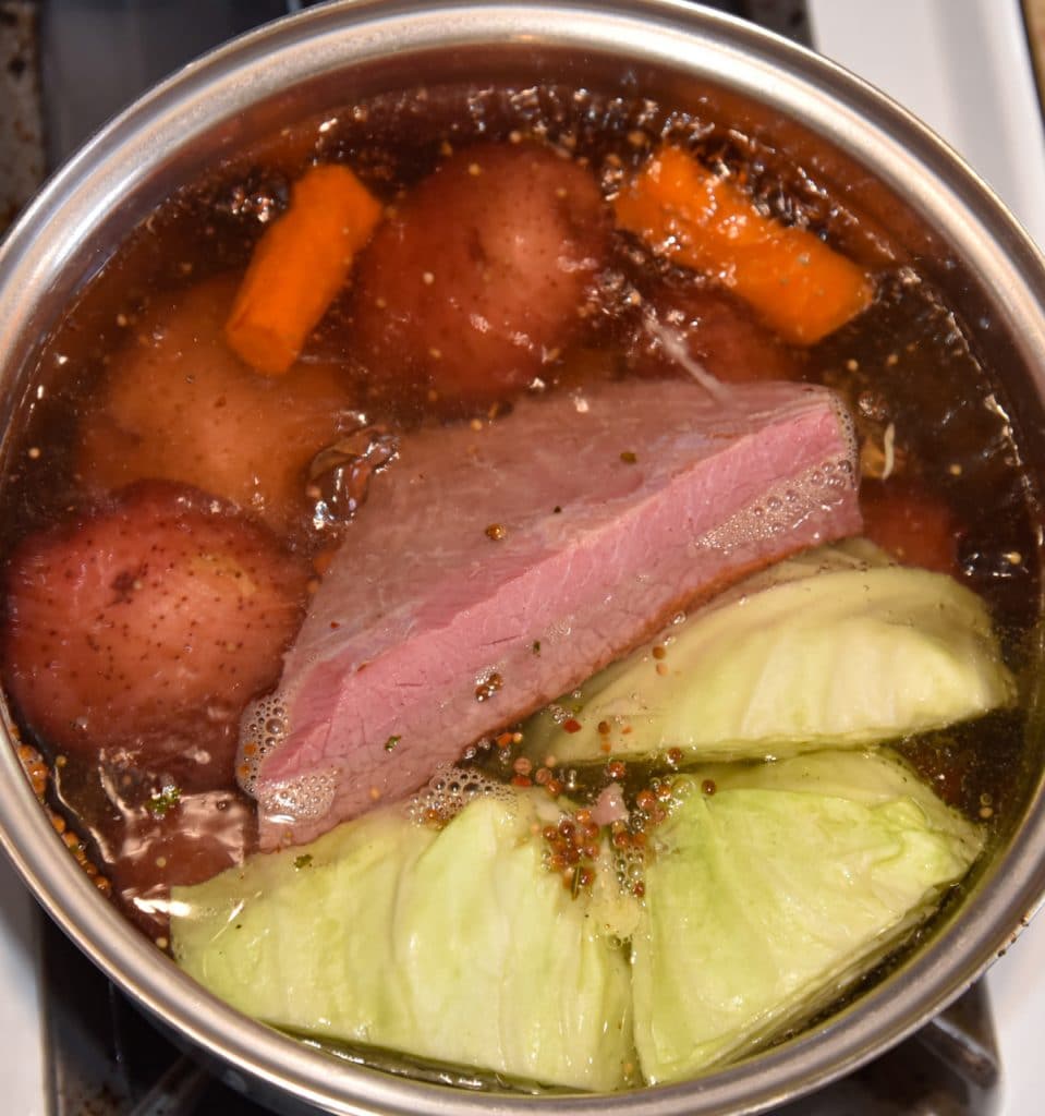 corned beef and cabbage in a pot