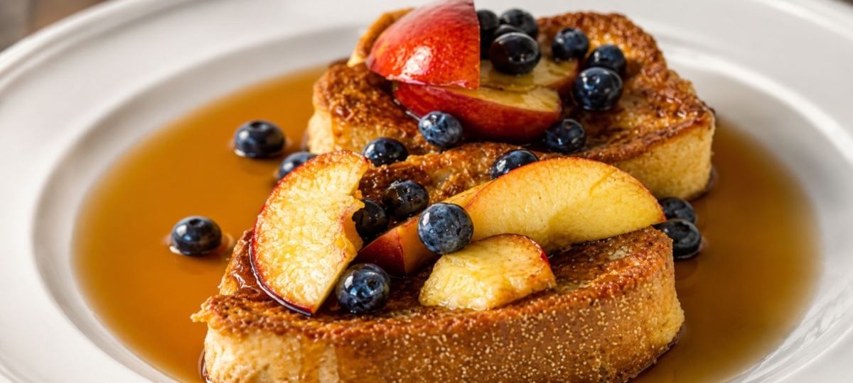 Plated French toast topped with fresh fruit and syrup.