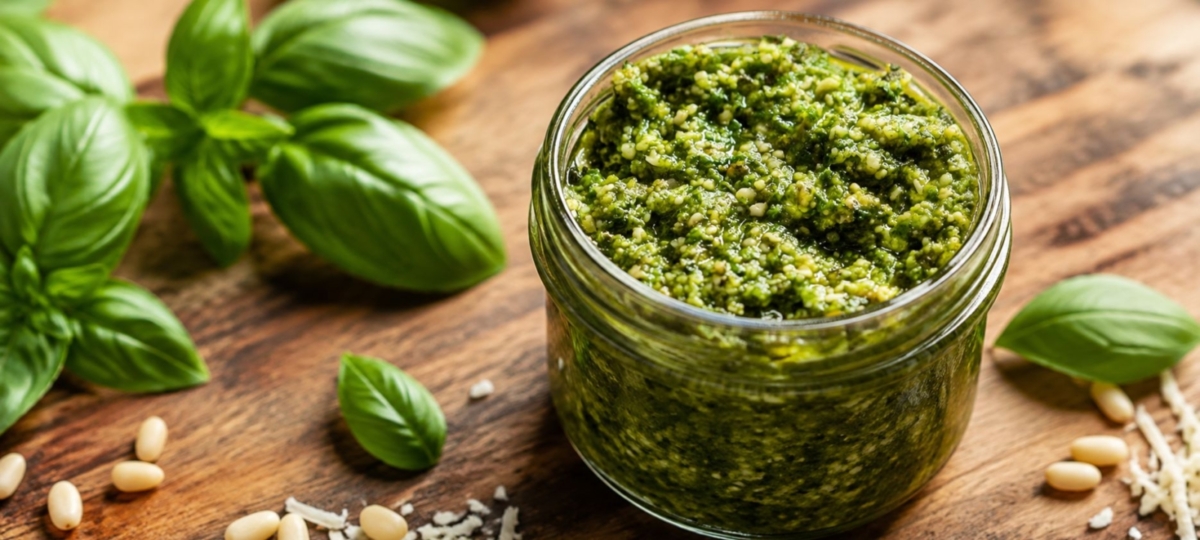 Basil pesto in a jar alongside fresh basil.