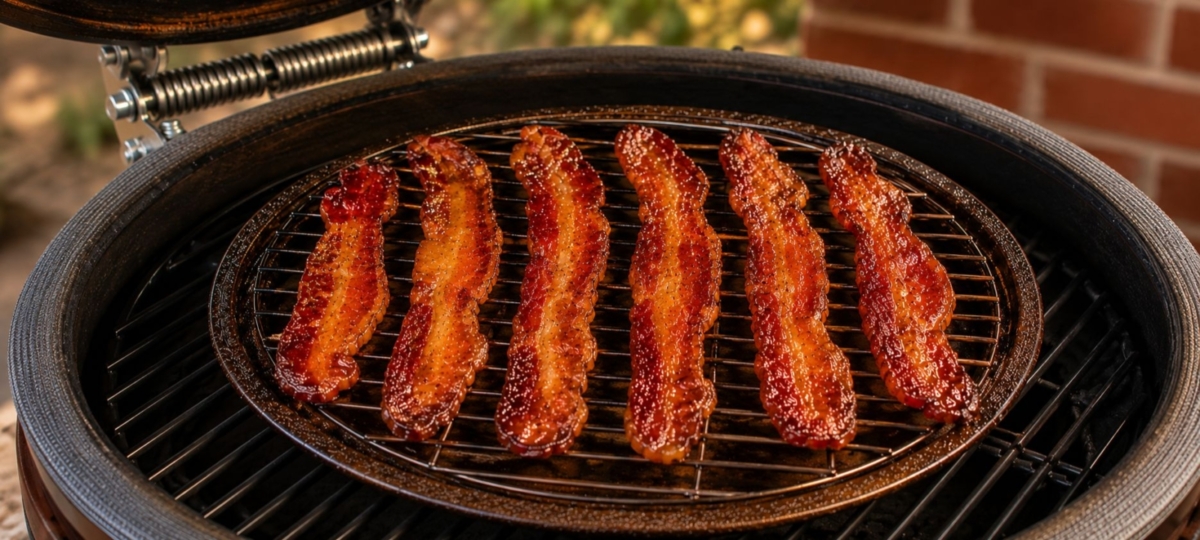 Candied bacon on a rack inside an open kamado grill.