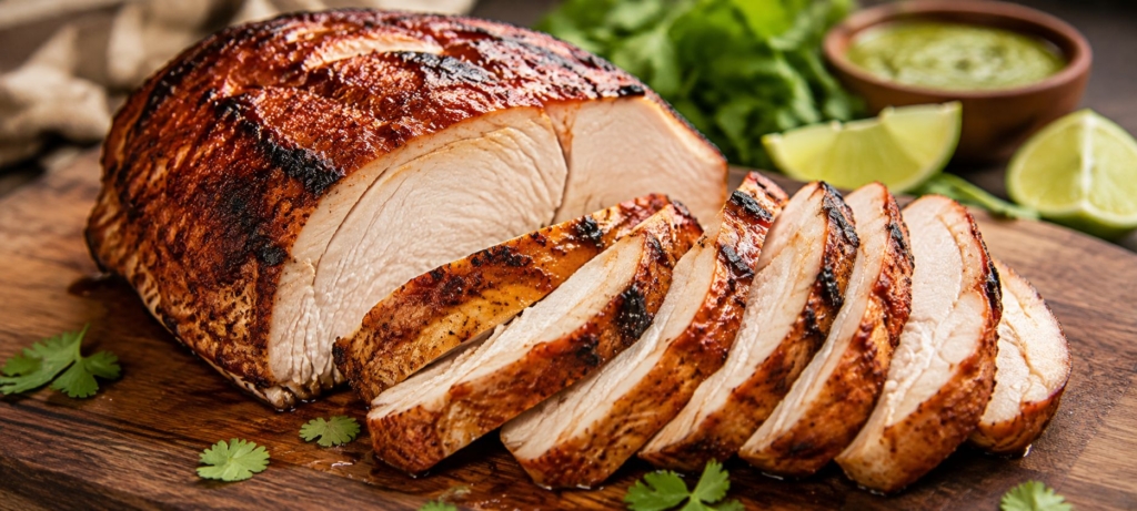 Sliced grilled boneless turkey breast on a cutting board along with cilantro and cut limes.