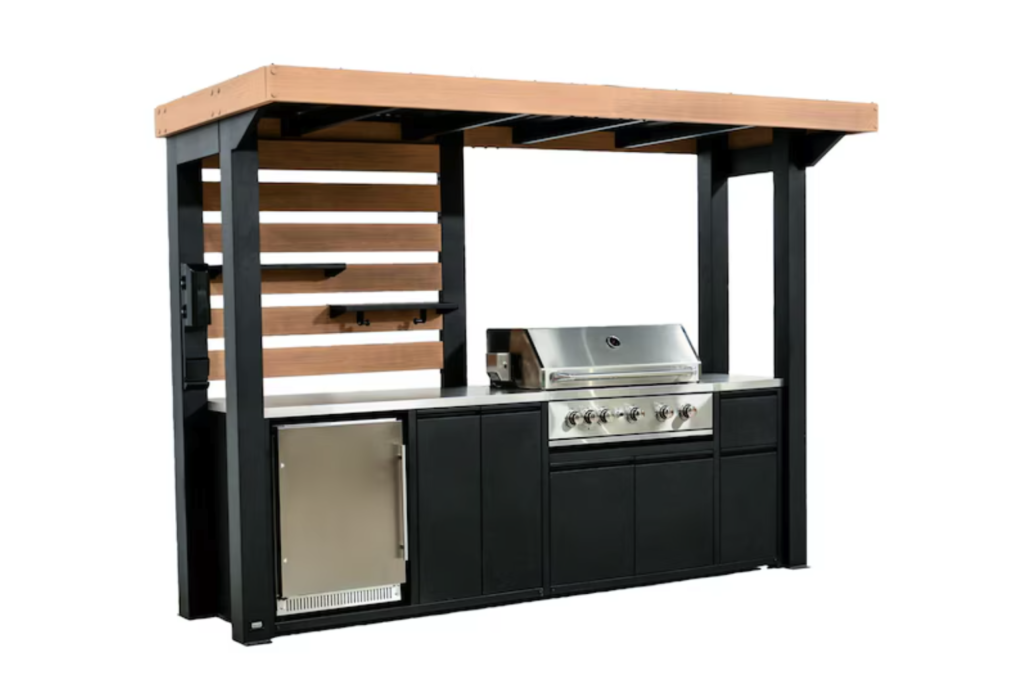 Outdoor kitchen with grill and fridge