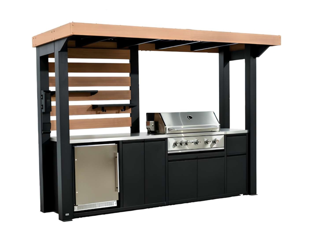 Outdoor kitchen with grill and fridge