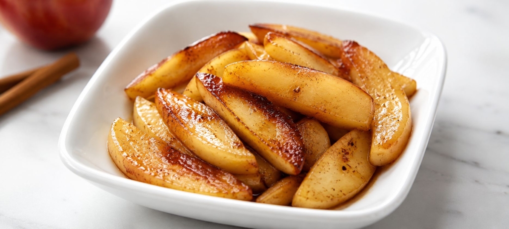 Cooked apple slices in a white bowl on a marble table.
