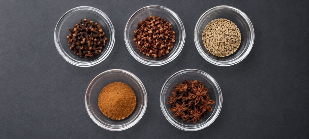 Ingredients for Chinese five spice powder in five glass bowls.