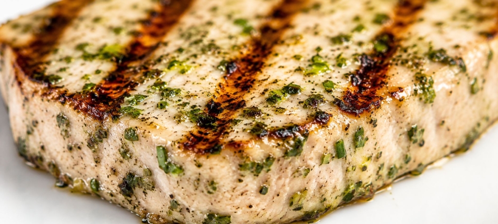 Grilled swordfish filet with fish dry rub seasoning.