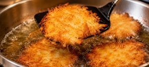 A crispy potato latke lifted from the oil on a slotted spoon.
