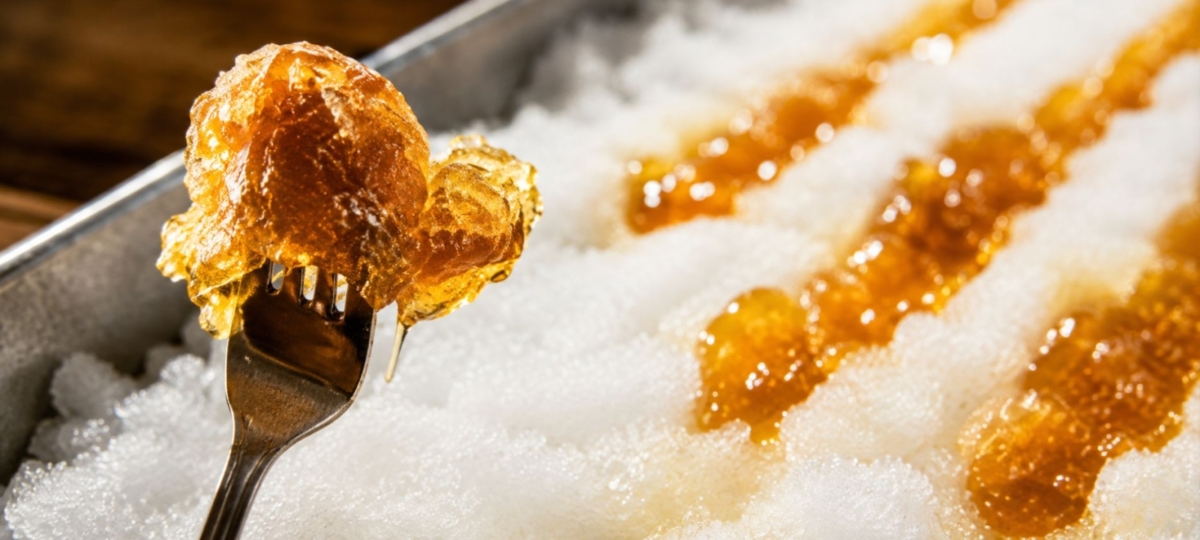 Maple taffy on snow and a fork.