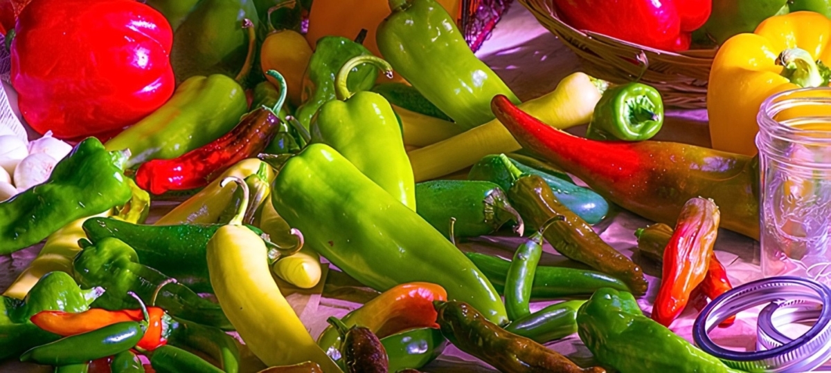 Assorted peppers next to an empty glass jar