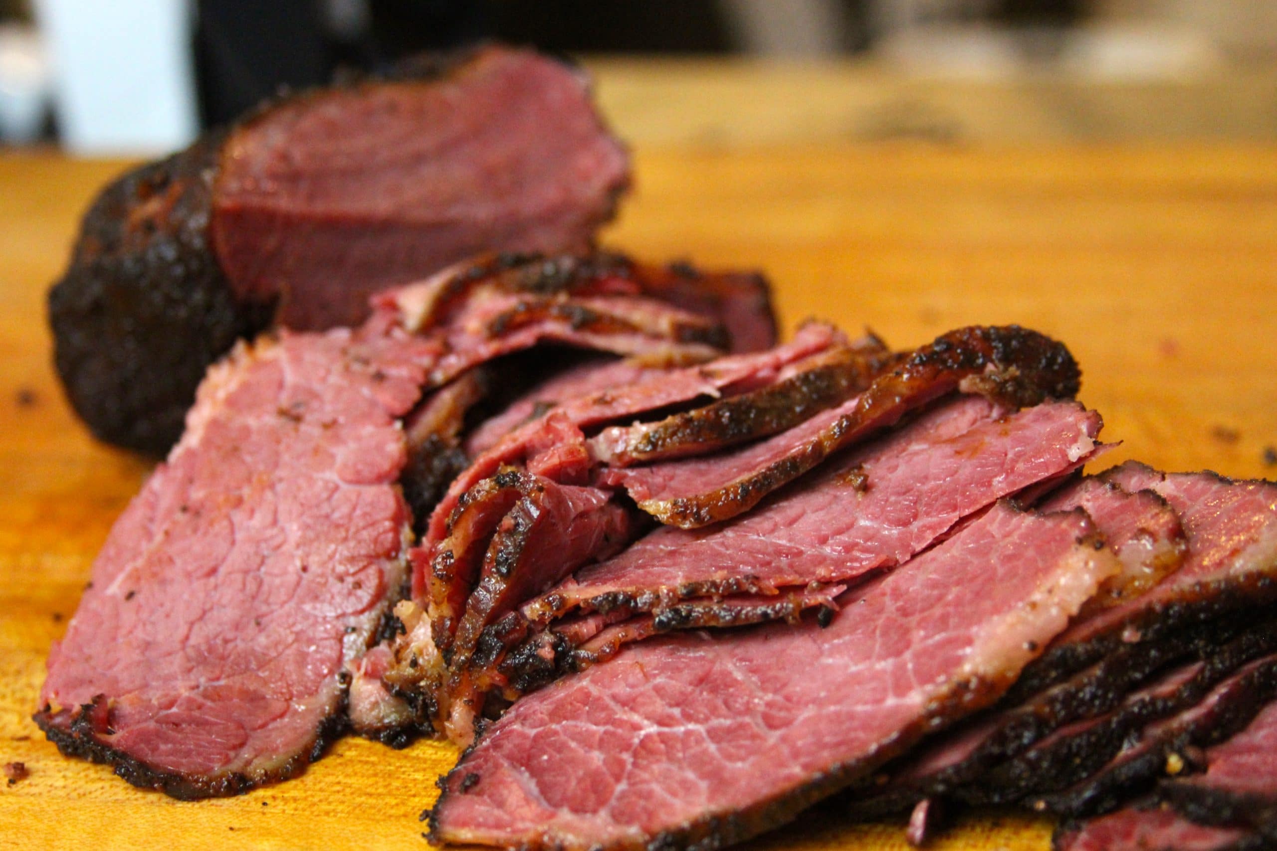 Sliced sous vide and smoked pastrami